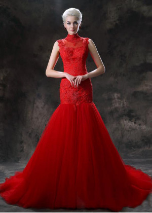 Red Lace Tulle High Neck Mermaid Long Wedding Dress